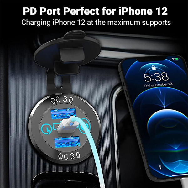 Dc12-24v Auton Nopea Latauspistorasia 18w Pd & Kaksois Qc3.0 Virtalähde Usb-Pistorasia Red Lighting