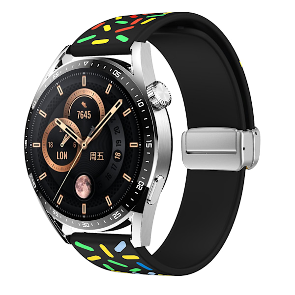 Kuosi silikonirannekkeet Samsung Galaxy Watch6 / Watch6 Classic / Watch 5 Pro / Watch4 Classic -kellolle, 20 mm:n ranneke Black Rainbow