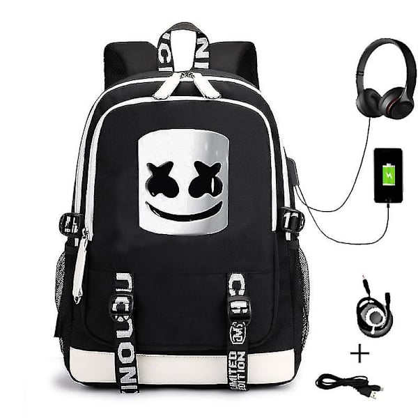 Dj Marshmello Rygsæk Lysende USB Genopladelig Rygsæk Studerende Skole Taske Style 2