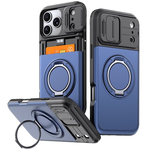 Kotelo iPhone 17 Pro Maxille, liukuva kamerasuojus jalustalla TPU + PC korttipidikkeellä Blue For iPhone 17 Pro Max