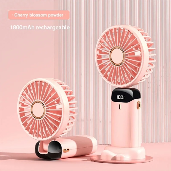 Ventilator - Mini Håndholdt Foldbar, 5 Vindhastigheder Med Mobiltelefonholder Og Display, 1800Mah (Pink)