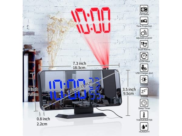 Radio LED USB -klocka med temperatur och tid Vitblå