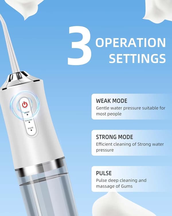 Oral Irrigator - 4 dyser 3 moduser for tannrenser, IPX7 vanntett, hvit