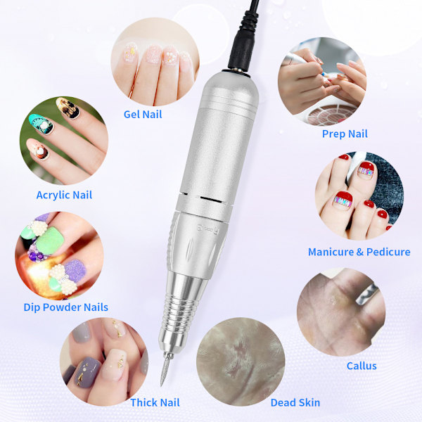 Elektrisk Nagelfil 35000 Varv/Min Elektrisk Nagelfräsmaskin Set - Vit