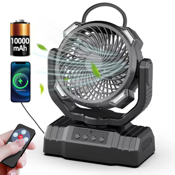 Pöytätuuletin - 10000Mah 3-in-1 retkituuletin, LED-valoilla ja kaukosäätimellä (musta)