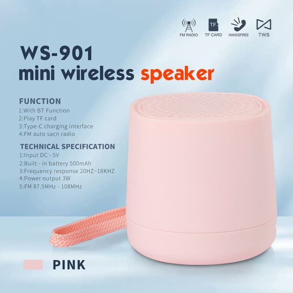 Bluetooth-høyttaler Ws-901 Fm, Spill Tf-kort (Rosa)