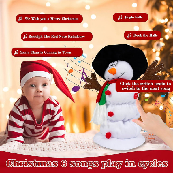 Laulava ja tanssiva lumiukko pehmolelu jouluksi, animoitu täytetyt koristeet 6 joululaululla