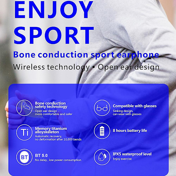 F808 Langattomat Bone Conduction -kuulokkeet Bluetooth 5.0 -kuulokkeet avoimet korvat Urheilunappikuulokkeet Vedenpitävät USB ladattava mikrofonilla ajamiseen pyöräilyyn Black