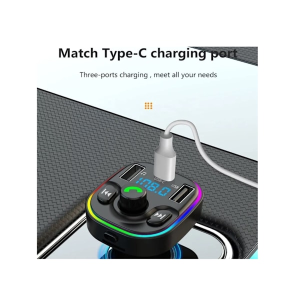 Trådløs Bluetooth Bil FM Radio Transmitter Adapter med Håndfri Opkald 2 USB 1 Type-C PD Oplader,