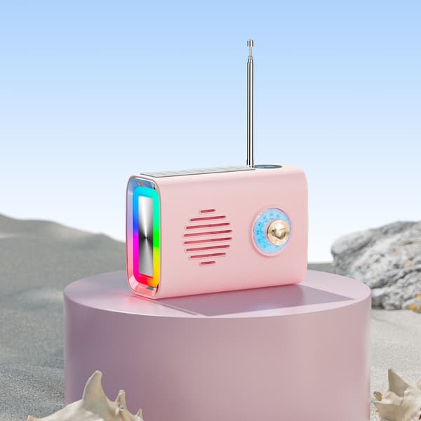 Bluetooth-høyttaler med radiofunksjon, solcellelading og LED-blits (rosa)