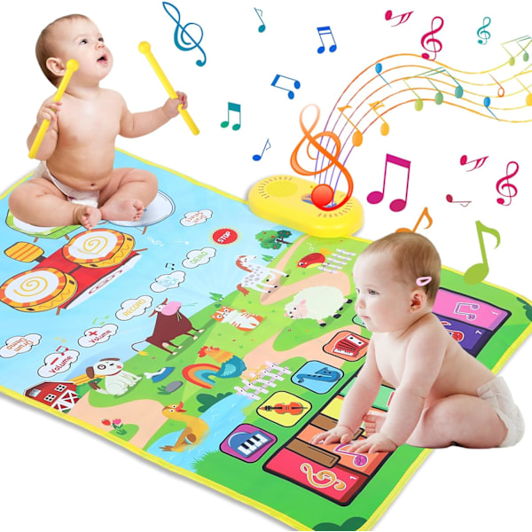 3 i 1 Musikmatta för Småbarn med 6 Musikinstrument och 8 Djurläten, Gåva för Barn i Åldern 1-3