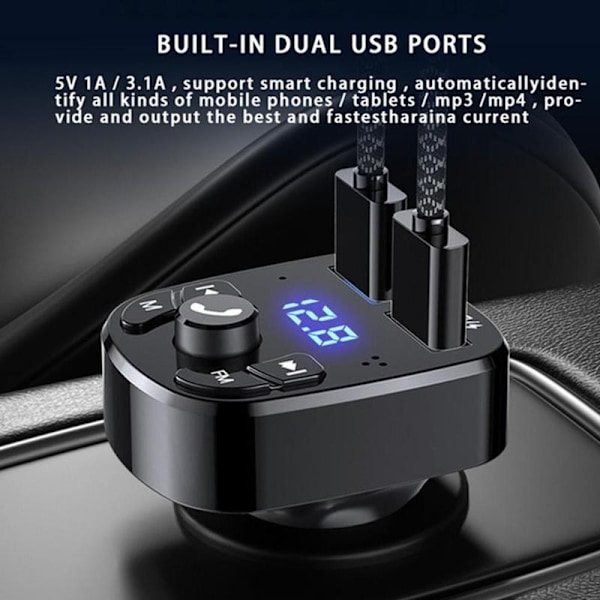 FM-sender Bluetooth trådløst bilsæt Håndfrit dobbelt USB-biloplader 2.1A MP3-musik TF-kort U disk AUX-afspiller
