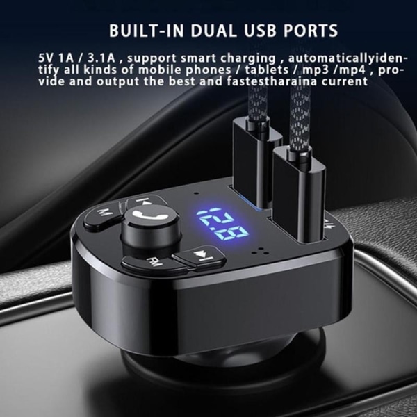 FM-sender Bluetooth trådløst bilsett Håndfri Dobbel USB-billader 2.1A MP3-musikk TF-kort U disk AUX-spiller