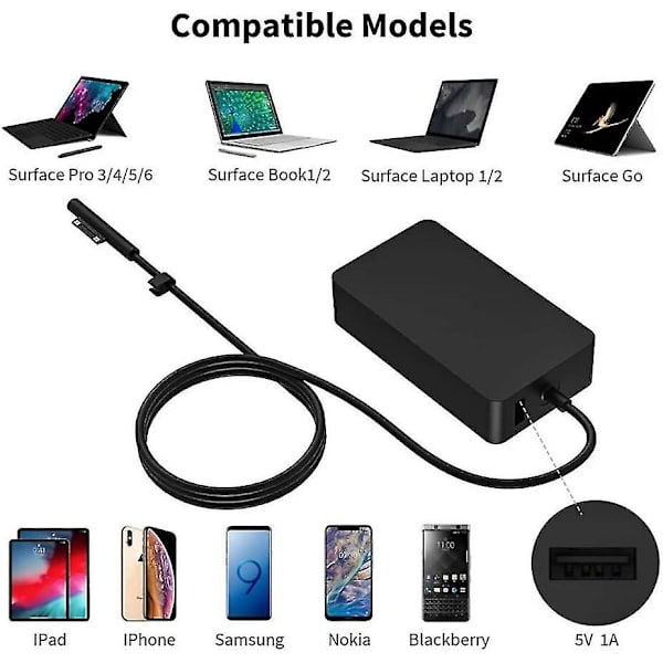 För Surface Book Charger, 15v 4a 65w Surface Pro Charger Power , kompatibel med Microsoft Surface Book Surface Laptop Surface Pro 7 6 5