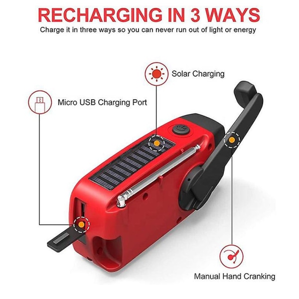 Emergency Solar Radio Håndsving Vejr Radio Med Led Lommelygte Telefon Power Bank Oplader Red