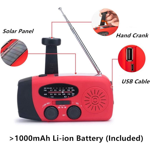 Clockwork Radio, Solar Emergency FM AM NOAA bærbar radio med SOS Alert Red