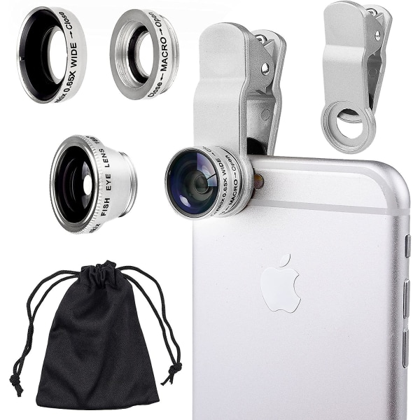 Universal 3 i 1 mobiltelefon kamera linsesæt til smartphones inklusive - Fish Eye linse / 2 i 1 makro linse & vidvinkel linse/universal klip/bærepose silver