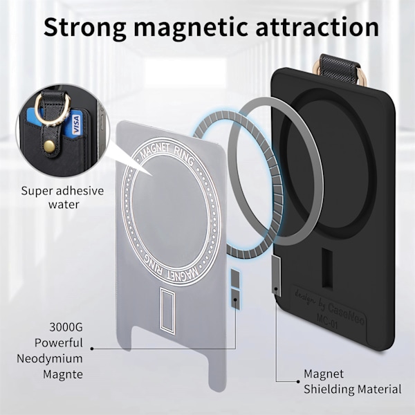 Magsafe magnetisk kortholder egnet for Apple, N52 supersterk magnetisk diamant ringspenne kortspor Black