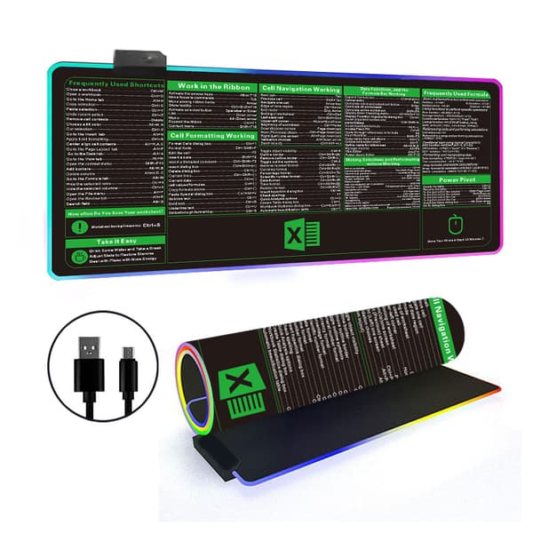 Musematte - RGB Sklisikker Base Tastaturmatter, Excel Snarvei Skrivebordsmatte (400*800*3Mm)