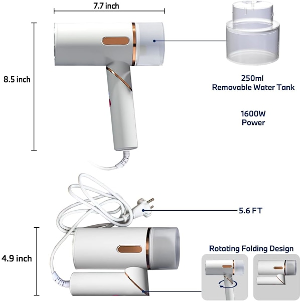 Håndholdt tøjdamper - 1600W tredje gear 250 ml mini bærbar stof tøj rynkefjerner
