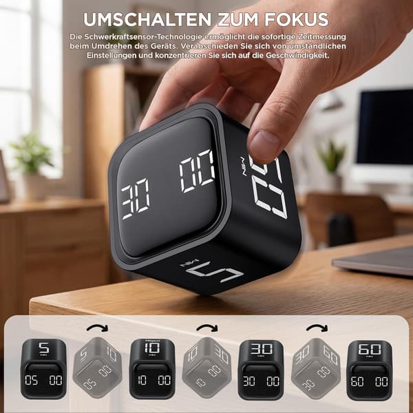 Kube Pomodoro-timer med 5/10/30/60 minutters forhåndsinnstillinger og tilpasset nedtelling Black
