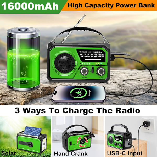 16000Mah Käsikammen Solar Am/Fm/Wb Sääradio Led-taskulampulla (Vihreä)
