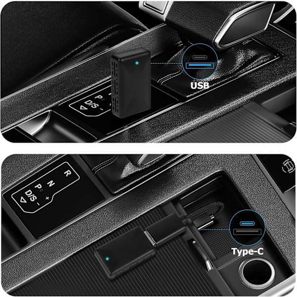 Trådløs adapter til CarPlay og Android Auto, Plug and Play, USB C/USB A, kompatibel med iOS 10/Android 11