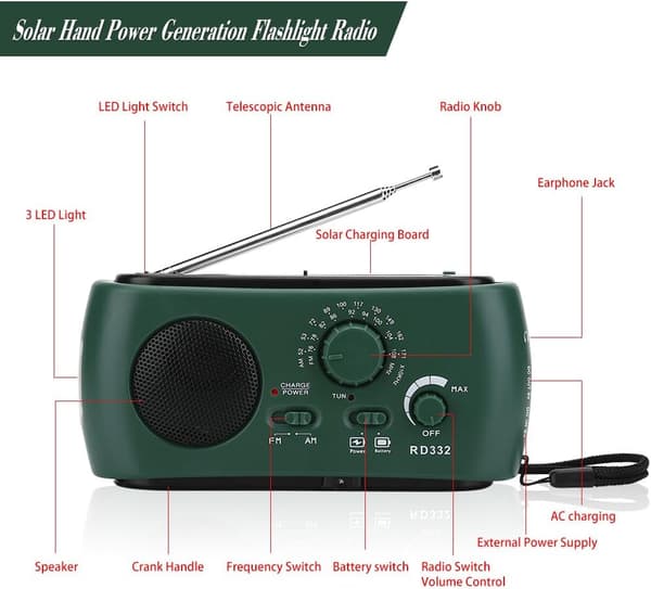 Aurinkoradio, käsikampi Am Fm Led-taskulamppu (vihreä)