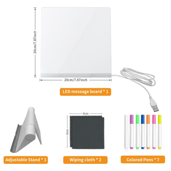 LED notattavle, 7,87×7,87 tommer med 7 tusjer LED tegnebrett for barn LED