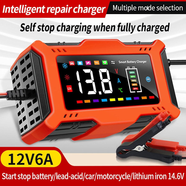 Batterilader - 6A 12V, LCD-skjerm, raskt batterivedlikehold