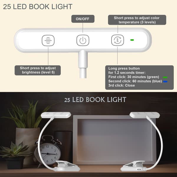LED leselys - med 25 LED, fleksibel svanehals klipslys (hvit)