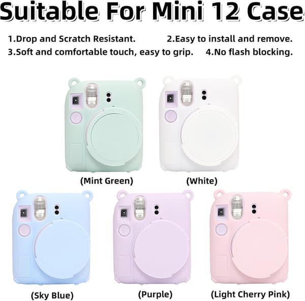 Etui for Instant Mini 12, myk gummihylse med avtakbart linsedeksel, håndleddsstropp (rosa) Pink