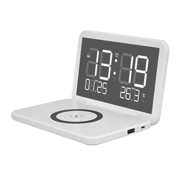 Elektronisk vækkeur Telefon 5w/7.5w/15w Trådløs opladning Ur Spejl Ur White