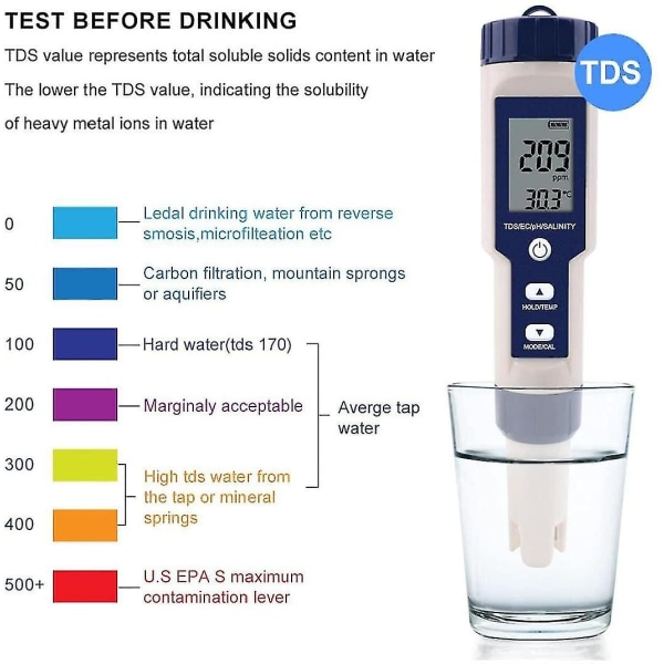 5 in 1 digitaalinen mittari, Tds / Ec / Ph / Suolaisuus / lämpötilan veden laadun valvontatesteri