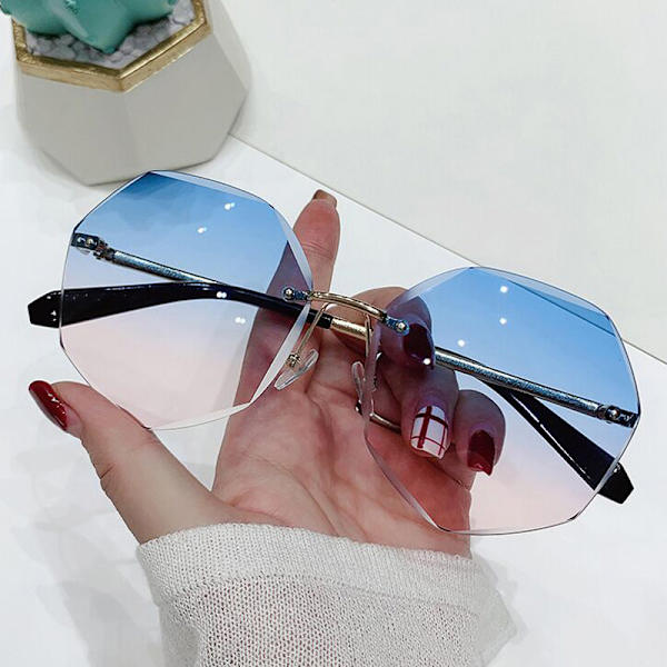 Retro kantløse runde solbriller Dame Metal Gradient Solbriller Dame Vintage Designer Cutting Lens Rammeløse solbriller Oculos blue