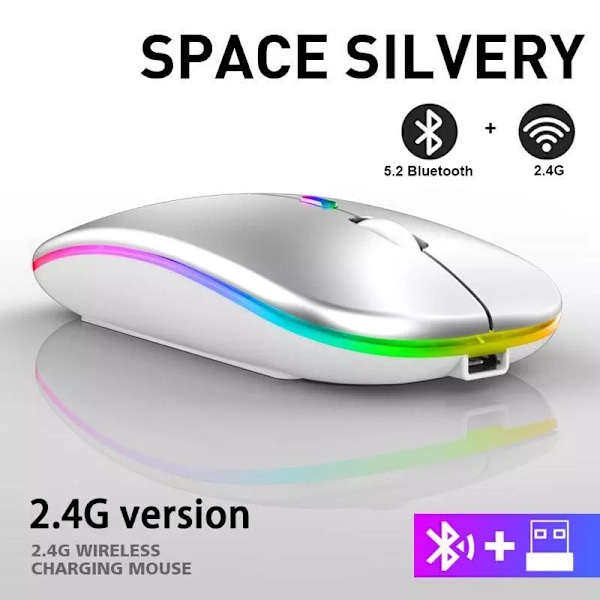 Trådløs Rgb Ultra-Tynd Mus, 2.4Ghz Genopladelig Bluetooth, Ergonomisk Design (Sølv)