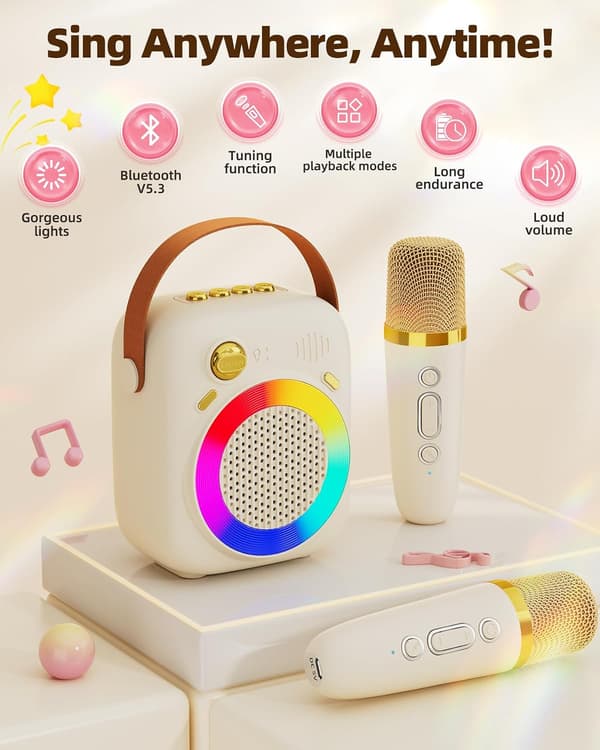 Karaokemaskin för barn 3–12 år, Bluetooth 5.3-högtalare med 2 trådlösa mikrofoner Beige