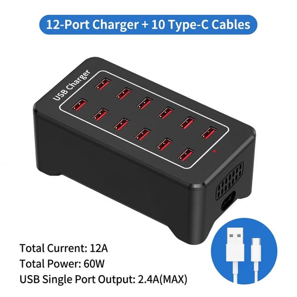 USB-laddningsstation 12 portar, med 10 datakablar, nav ABS (för Type-C)
