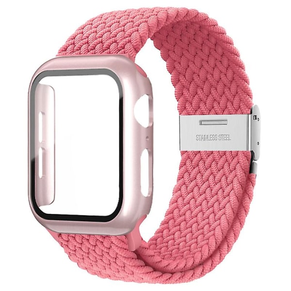 Flätad Solo Loop För Apple Watch Band 44mm 40mm 45mm 41mm 42mm 38mm Case+rem Nylon Elastiskt armband Iwatch Serie 3 5 6 Se 7 8 44mm series 654 se Pink Punch