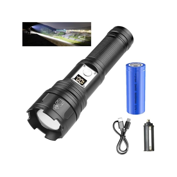 Oppladbare lommelykter med høy lumen, supersterk LED-lommelykt, USB C taktisk lommelykt med 10 moduser, zoom for nødsituasjoner, svart