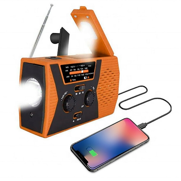 AM/FM/NOAA Solardriven radio med handvev, med SOS-larm, 2000mAh (orange)