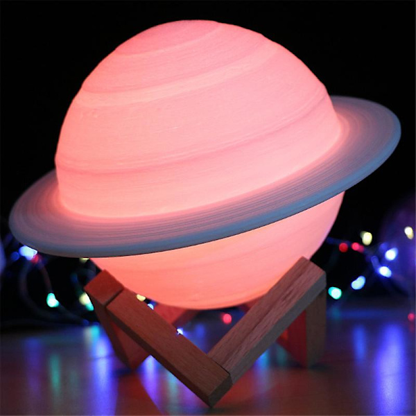 3d Print Dekor Saturn Lampa Med Trä Ställ Hängande Net Nursery Led Nattljus 22cm