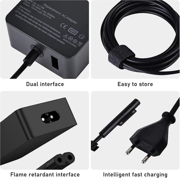 Surface Pro-oplader, 65w 15v 4a Microsoft Surface-oplader til Surface Laptop 4/3/2/1, Surface Book1/2, Surface Pro 3/4/5/6/7/8/9/x, Surface Go med os