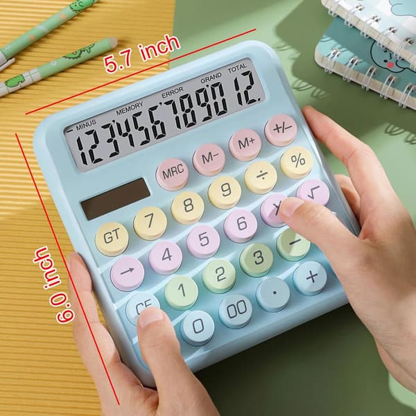 Kalkulator med dobbel strømkilde, mekanisk 12-sifret stor LCD-skjerm store knapper (blå)