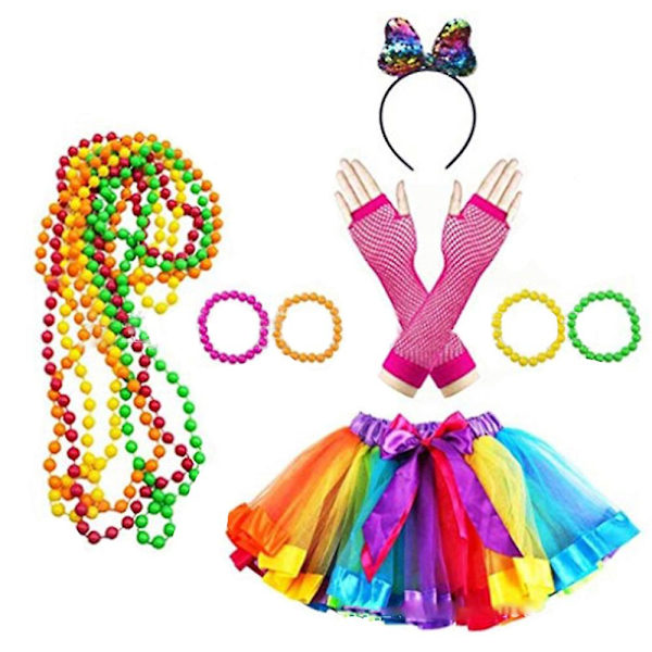 Naisten 80-luvun Fancy Mekko Asusteet Mekko Lasit Jalkalämmitin muotiin Retro 80-luvun juhla-asu set Rainbow