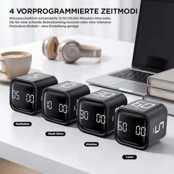 Kube Pomodoro-timer med 5/10/30/60 minutters forhåndsinnstillinger og tilpasset nedtelling Black
