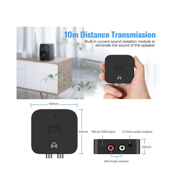 Bluetooth 5.0 Audio Receiver Adapter, NFC Trådløs Bluetooth Extender, 3.5 Aux eller RCA Input Højttaler,