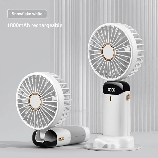 Ventilator - Mini Håndholdt Foldbar, 5 Vindhastigheder Med Mobiltelefonholder Og Display, 1800Mah (Hvid)