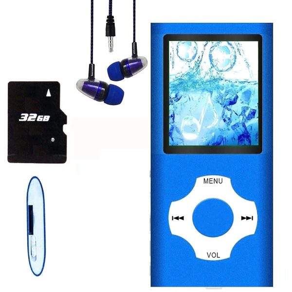 Mp3-spelare/Mp4-spelare med 64gb/32gb/16gb minne SD-kort Smal klassisk digital LCD-skärm 1,82 tums skärm Mini USB port med FM-radio, röst blue 32GB