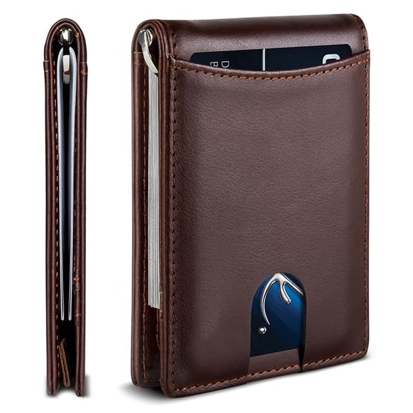 Rfid-blockerande Bifold Slim Plånbok Med Framficka Och Pengaklämma (Mörkbrun)